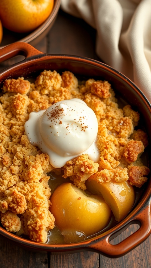 Apple Crumble Recipe for 6 People A delicious apple crumble with golden topping and a scoop of ice cream, served in a rustic dish.